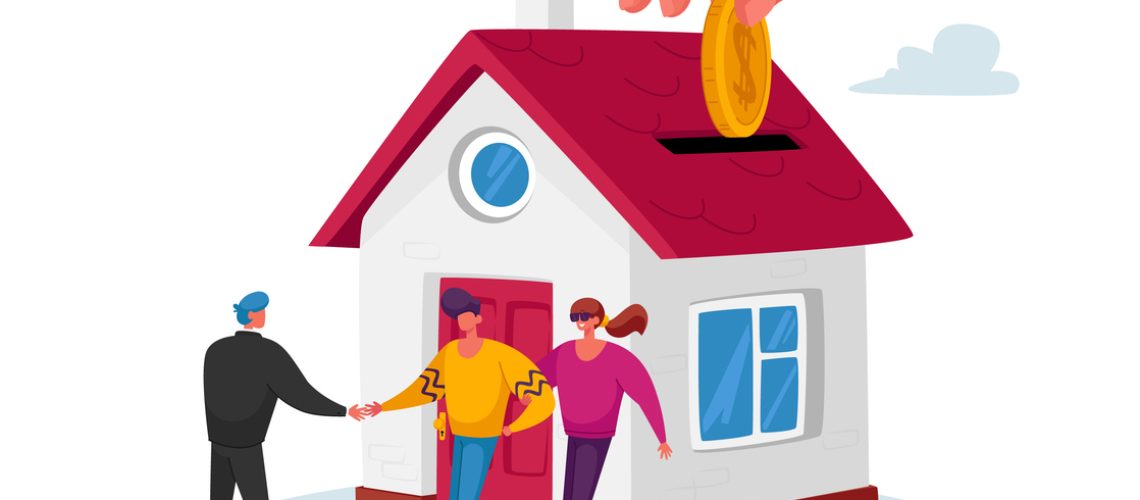Real Estate Agent Selling House to Couple Buying Home. Manager Male Character Make Deal with Owner of House Giving Key for New Living Place, Mortgage and Home Buying Concept. Cartoon People Vector Illustration